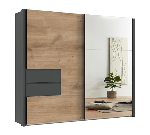 Schwebetürenschrank 2-türig B262/H216/T65 cm, Korpus mit Passepartout und Schubladen Grafit, Kleiderschrank Front: Spiegeltür und eichefarbene Tür, Selbsteinzug, Einlegeböden, Kleiderstangen / 22060 Schwebetürenschrank 2-türig B262/H216/T65 cm, Korpus mit Passepartout und Schubladen Grafit, Kleiderschrank Front: Spiegeltür und eichefarbene Tür, Selbsteinzug, Einlegeböden, Kleiderstangen / 22060 von luma-home Schönes für Dein Zuhause