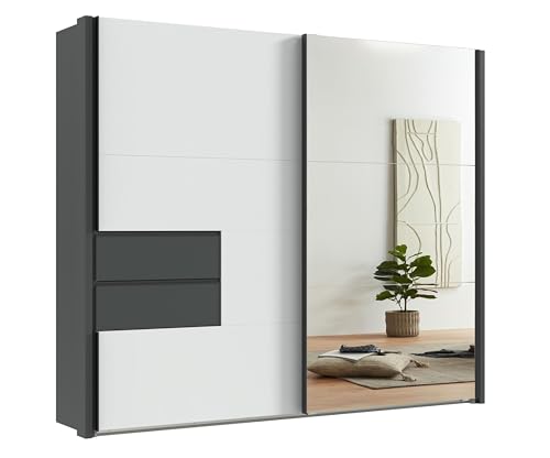 Stilvoller Schwebetürenschrank 2-türig B262/H216/T65 cm, Korpus mit Passepartout + Schubladen Grafit, Kleiderschrank Front: Spiegeltür + weiße Tür, Selbsteinzug, Einlegeböden, Kleiderstangen / 22059 Stilvoller Schwebetürenschrank 2-türig B262/H216/T65 cm, Korpus mit Passepartout + Schubladen Grafit, Kleiderschrank Front: Spiegeltür + weiße Tür, Selbsteinzug, Einlegeböden, Kleiderstangen / 22059 von luma-home Schönes für Dein Zuhause
