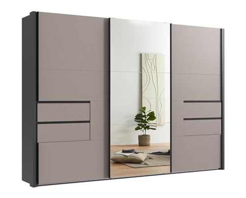 Schwebetürenschrank 3-türig B312/H216/T65 cm, Korpus mit Passepartout Grafit, Kleiderschrank Front: Spiegeltür, 2 Türen und Schubladen in Sand Grau, Selbsteinzug, Einlegeböden, Kleiderstangen / 22066 Schwebetürenschrank 3-türig B312/H216/T65 cm, Korpus mit Passepartout Grafit, Kleiderschrank Front: Spiegeltür, 2 Türen und Schubladen in Sand Grau, Selbsteinzug, Einlegeböden, Kleiderstangen / 22066 von luma-home Schönes für Dein Zuhause
