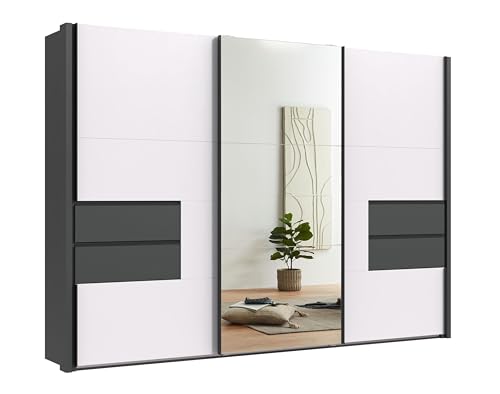 Schwebetürenschrank 3-türig B312/H216/T65 cm, Korpus mit Passepartout und Schubladen Grafit, Kleiderschrank Front: Spiegeltür und 2 weiße Türen, Selbsteinzug, Einlegeböden, Kleiderstangen / 22063 Schwebetürenschrank 3-türig B312/H216/T65 cm, Korpus mit Passepartout und Schubladen Grafit, Kleiderschrank Front: Spiegeltür und 2 weiße Türen, Selbsteinzug, Einlegeböden, Kleiderstangen / 22063 von luma-home Schönes für Dein Zuhause