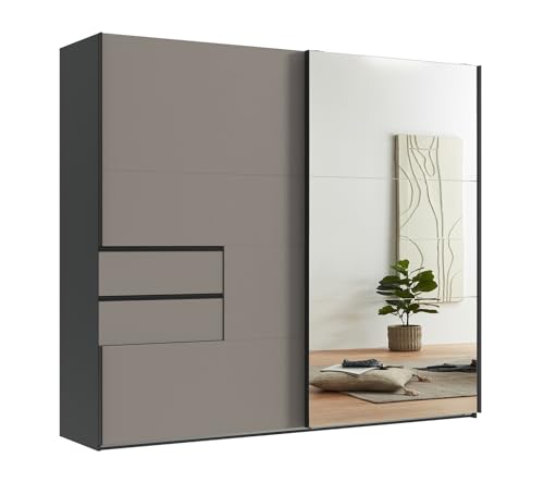 Stilvoller Schwebetürenschrank 2-türig B250/H216/T65 cm, Korpus Grafit, Kleiderschrank Front: Spiegeltür, Tür mit Ausschnitt + Schubladen Sand Grau, Selbsteinzug, Einlegeböden, Kleiderstangen / 22053 Stilvoller Schwebetürenschrank 2-türig B250/H216/T65 cm, Korpus Grafit, Kleiderschrank Front: Spiegeltür, Tür mit Ausschnitt + Schubladen Sand Grau, Selbsteinzug, Einlegeböden, Kleiderstangen / 22053 von luma-home Schönes für Dein Zuhause