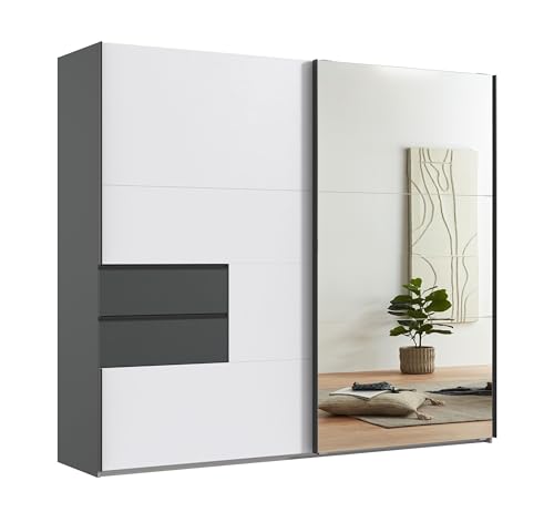 Stilvoller Schwebetürenschrank 2-türig B250/H216/T65 cm, Korpus und Schubladen Grafit, Kleiderschrank Front: Spiegeltür und weiße Tür mit Ausschnitt, Selbsteinzug, Einlegeböden, Kleiderstangen / 22050 Stilvoller Schwebetürenschrank 2-türig B250/H216/T65 cm, Korpus und Schubladen Grafit, Kleiderschrank Front: Spiegeltür und weiße Tür mit Ausschnitt, Selbsteinzug, Einlegeböden, Kleiderstangen / 22050 von luma-home Schönes für Dein Zuhause