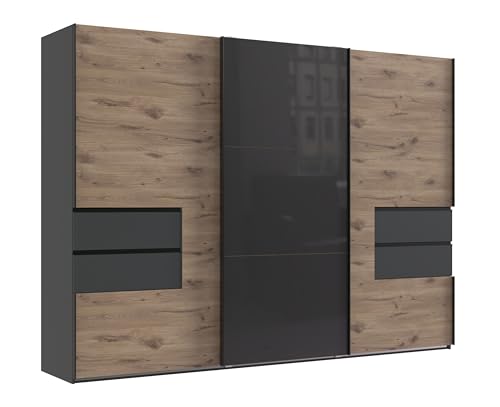 Stilvoller Schwebetürenschrank 3-türig B300/H216/T65 cm, Korpus +Schubladen Grafit, Kleiderschrank Front: Glastür Grau +eichefarbene Tür m.Ausschnitt, Selbsteinzug, Einlegeböden, Kleiderstangen/ 22056 Stilvoller Schwebetürenschrank 3-türig B300/H216/T65 cm, Korpus +Schubladen Grafit, Kleiderschrank Front: Glastür Grau +eichefarbene Tür m.Ausschnitt, Selbsteinzug, Einlegeböden, Kleiderstangen/ 22056 von luma-home Schönes für Dein Zuhause