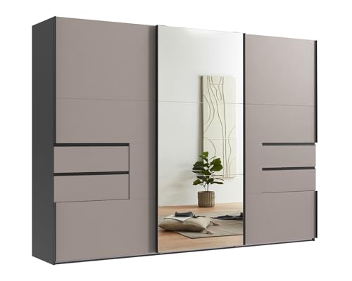 Stilvoller Schwebetürenschrank 3-türig B300/H216/T65 cm, Korpus Grafit, Kleiderschrank Front: Spiegeltür, Tür mit Ausschnitt + Schubladen Sand Grau, Selbsteinzug, Einlegeböden, Kleiderstangen / 22057 Stilvoller Schwebetürenschrank 3-türig B300/H216/T65 cm, Korpus Grafit, Kleiderschrank Front: Spiegeltür, Tür mit Ausschnitt + Schubladen Sand Grau, Selbsteinzug, Einlegeböden, Kleiderstangen / 22057 von luma-home Schönes für Dein Zuhause