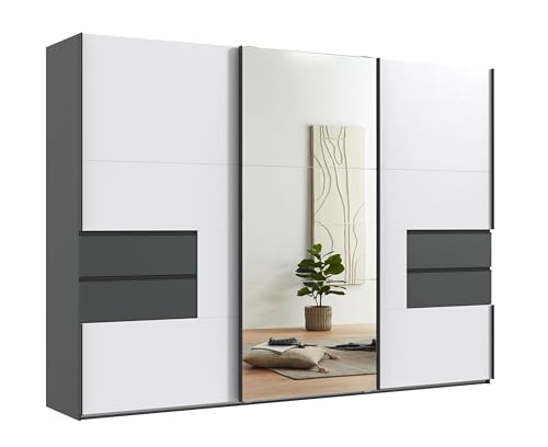 Stilvoller Schwebetürenschrank 3-türig B300/H216/T65 cm, Korpus und Schubladen Grafit, Kleiderschrank Front: Spiegeltür und weiße Tür mit Ausschnitt, Selbsteinzug, Einlegeböden, Kleiderstangen / 22054 Stilvoller Schwebetürenschrank 3-türig B300/H216/T65 cm, Korpus und Schubladen Grafit, Kleiderschrank Front: Spiegeltür und weiße Tür mit Ausschnitt, Selbsteinzug, Einlegeböden, Kleiderstangen / 22054 von luma-home Schönes für Dein Zuhause