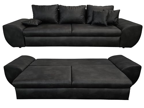 Vintage Big Sofa mit Schlaffunktion und Bettkasten, XXL Trend Couch 275 cm breit, 98 cm tief, Wellenfederung, Liegefläche 148x194 cm, Mikrofaserstoff in Leder-Optik in Schwarz / 18010 von luma-home Schönes für Dein Zuhause