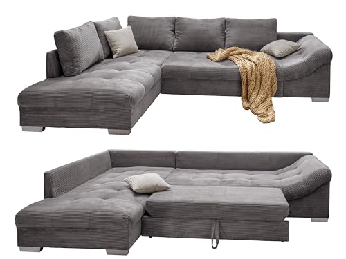 Wunderschönes Cord Ecksofa mit Schlaffunktion, Wellenunterfederung, gemütliches L-Sofa 298 x 202 cm, Longchair Ottomane links, Couch mit Cordstoff in Grau, 2 Zierkissen in Beige / 17202 von luma-home Schönes für Dein Zuhause