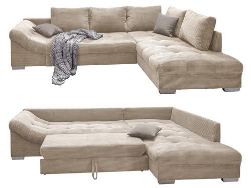 Wunderschönes Cord Ecksofa mit Schlaffunktion, Wellenunterfederung, gemütliches L-Sofa 298 x 202 cm, Longchair Ottomane rechts, Couch mit Cordstoff in Beige, 2 Zierkissen in Grau / 17203 von luma-home Schönes für Dein Zuhause