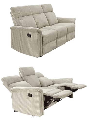 Stilvolles Dreisitzer Sofa mit Federkernpolsterung und Wellenunterfederung 180 cm breit, verstellbare 3er Couch durch halbautomatische Relaxfunktion, Bezug Cord in Beige / 15506 von luma-home Schönes für Dein Zuhause