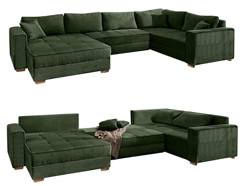 Modische Cord Wohnlandschaft U-Form 379 cm breit, Sofa mit Schlaffunktion und Bettkasten, Wellenunterfederung, seitenverkehrt montierbar, Bezug aus Cordstoff in Grün / 15199 von luma-home Schönes für Dein Zuhause