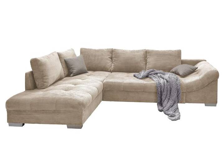 Modernes Cord Ecksofa Schlafsofa Eckcouch Polsterecke L-Sofa m.Ottomane in Beige / 17204 von luma-home