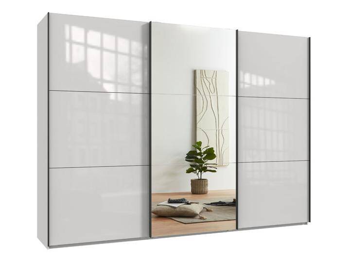 SCHWEBETÜRENSCHRANK Kleiderschrank 300 cm Vollausstattung Spiegel Glasfront Weiß / 22039 von luma-home