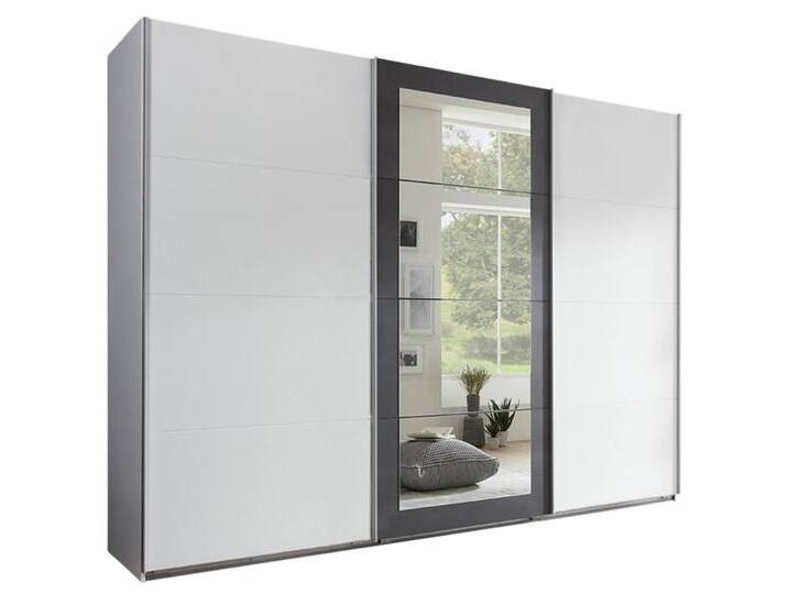 Schwebetürenschrank 3-türig Spiegel Kleiderstangen Einlegeböden in Weiß mit Grau / 22002 von luma-home