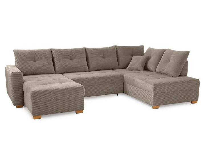 Wohnlandschaft U-Form Sofa groß Schlaffunktion Couch Bettkasten Cord Braun Taupe / 15219 von luma-home