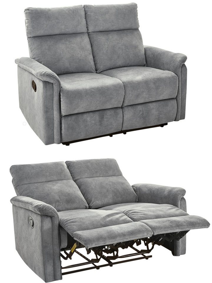 luma-home 2-Sitzer 15127, Sofa mit halbautomatischer Relaxfunktion 130 cm breit, Federkern, Wellenunterfederung, Bezug Velours, Vintage Grau von luma-home