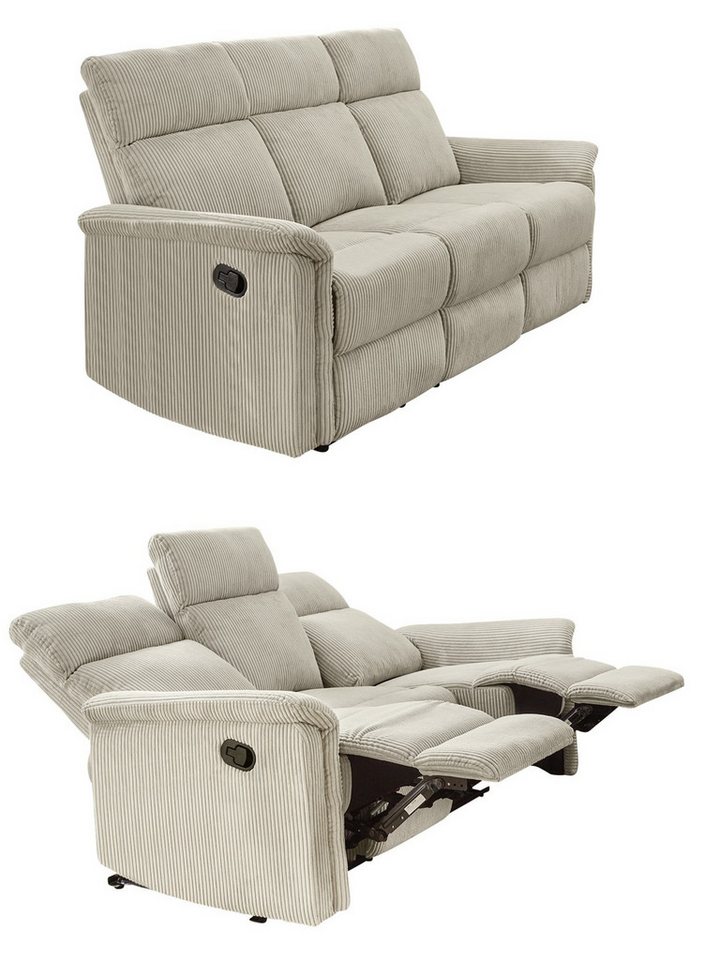 luma-home 3-Sitzer 15506, Sofa mit halbautomatischer Relaxfunktion 180 cm breit, Federkern, Wellenunterfederung, Bezug Cord, Beige von luma-home