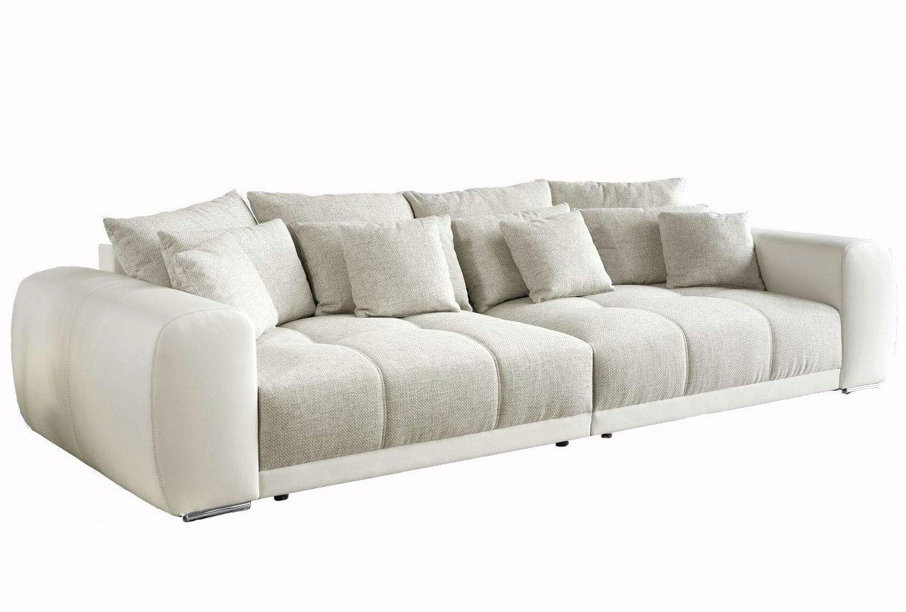 luma-home Big-Sofa 15113, XXL-Couch 306x134 cm mit Federkernpolsterung, viele Kissen, markante Steppungen, Kunstleder Weiß, Web-Strukturstoff Grau Beige von luma-home