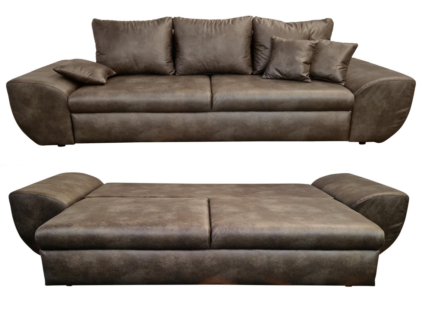 luma-home Big-Sofa 18008, mit Bettfunktion und Stauraum 275 cm breit, Wellenunterfederung, Mikrofaser, Leder-Optik, Vintage Braun von luma-home