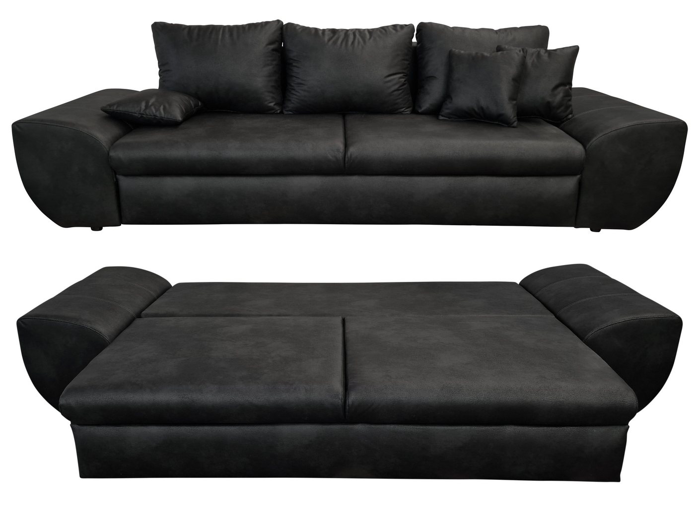 luma-home Big-Sofa 18010, mit Bettfunktion und Stauraum 275 cm breit, Wellenunterfederung, Mikrofaser, Leder-Optik, Vintage Schwarz von luma-home