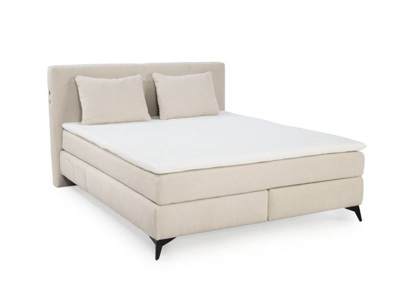 luma-home Boxspringbett 20015 (160x200 cm, 7-Zonen-Tonnentaschen-Federkernmatratzen H3+H4 inkl. Topper, Bonell-Federkernpolsterung), LED-Beleuchtung, USB-Ladeports, Bezug Chenille Beige von luma-home