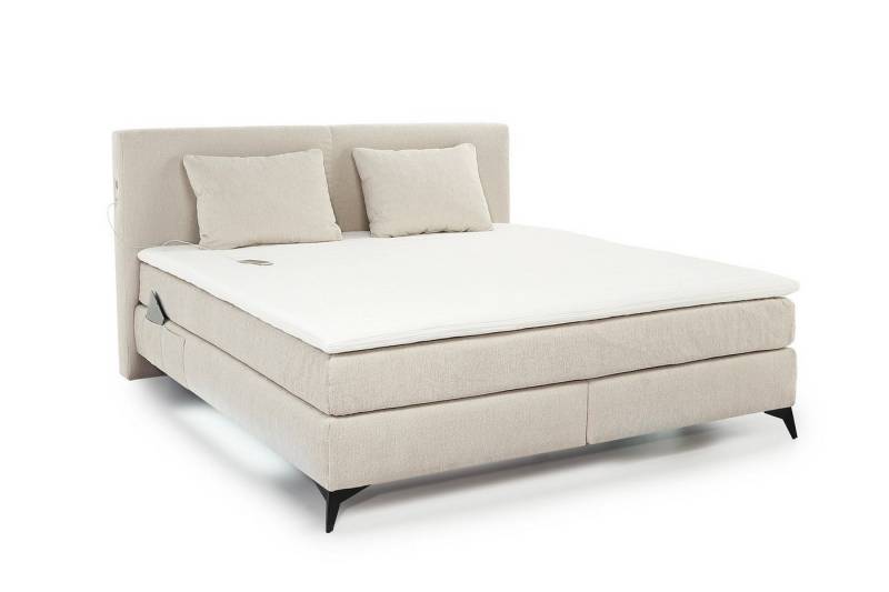 luma-home Boxspringbett 20017 (180x200 cm, 7-Zonen-Tonnentaschen-Federkernmatratzen H3 inkl. Topper, Bonell-Federkernpolsterung), LED-Beleuchtung, USB-Ladeports, Bezug Chenille Beige von luma-home