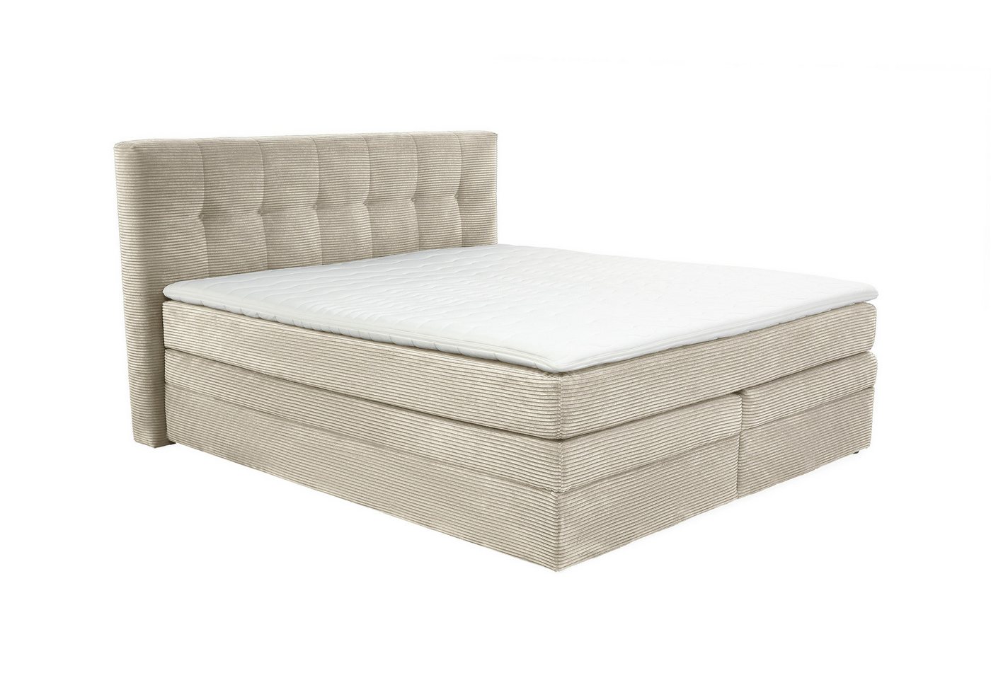 luma-home Boxspringbett 20039 (180x200 cm, 7-Zonen-Tonnentaschen-Federkernmatratze H3 inkl. Topper, Bonell-Federkernpolsterung), 2 Bettkästen, Cord-Bezug in Beige Grau von luma-home