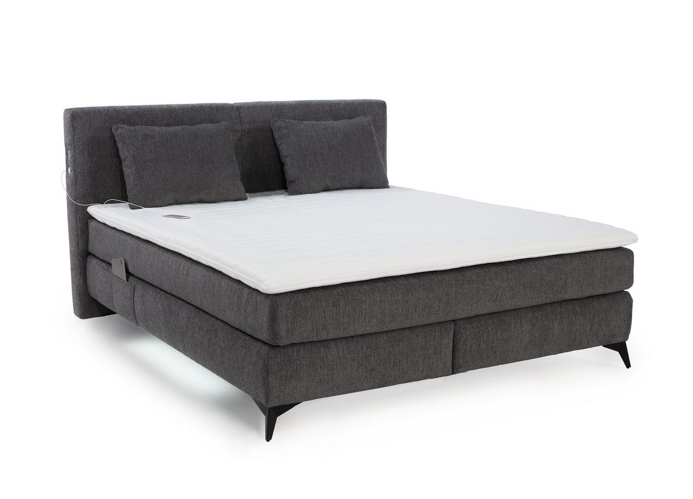 luma-home Boxspringbett 20046 (180x200 cm, 7-Zonen-Tonnentaschen-Federkernmatratzen H3 inkl. Topper, Bonell-Federkernpolsterung), LED-Beleuchtung, USB-Ladeports, Bezug Chenille Dunkelgrau von luma-home