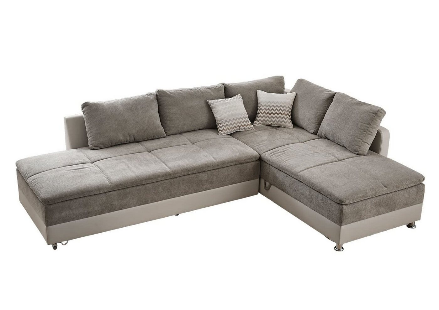 luma-home Ecksofa 15101, Dauerschläfer mit schwenkbarer Ottomane links 307x223 cm, Stauraum, Federkern, Boxspring, Topper, Mikrofaser Grau Braun, Kunstleder Beige von luma-home