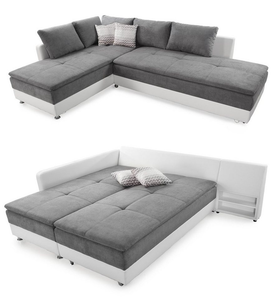 luma-home Ecksofa 15104, Dauerschläfer mit schwenkbarer Ottomane rechts 307x223 cm, Stauraum, Federkern, Boxspring, Topper, Mikrofaser Hell-Grau, Kunstleder Weiß von luma-home