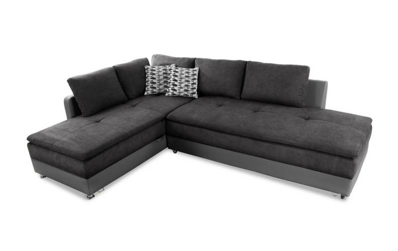 luma-home Ecksofa 15106, Dauerschläfer-Doppelbett B306/T223/H95 cm, Schwenkteil rechts, Bettkasten, Regal, Boxspring, Federkern, Wellenunterfederung, Topper, Mikrofaser Anthrazit/Kunstleder Grau von luma-home