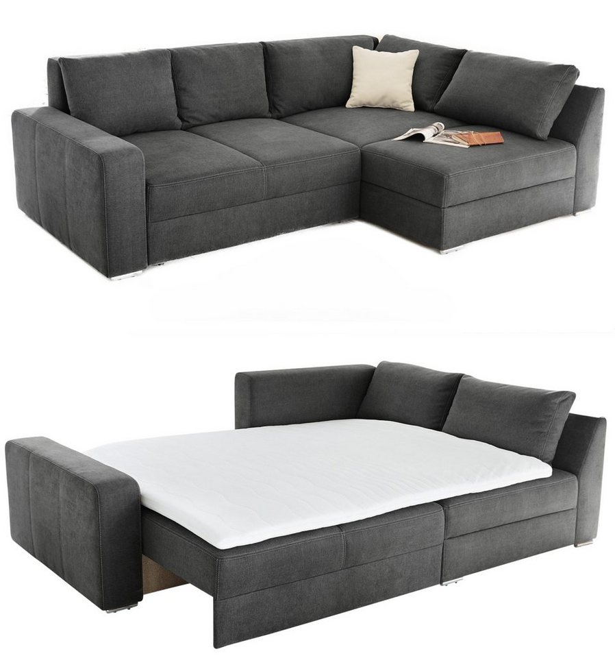 luma-home Ecksofa 15107, Dauerschläfer 268x180 cm mit 2 Bettkästen, Ottomane links oder rechts, Federkern, Boxspring, Topper, Mikrofaser, Anthrazit Grau von luma-home