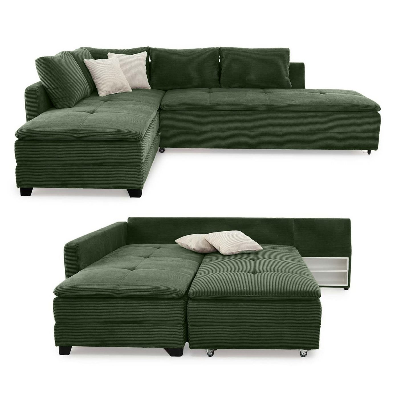 luma-home Ecksofa 15164, Dauerschläfer 307x223 cm, Schwenkteil L/R, Bettkasten, Nachtkonsole, Boxspring, Federkern, Wellenunterfederung, Topper, Bezug Cord Grün von luma-home