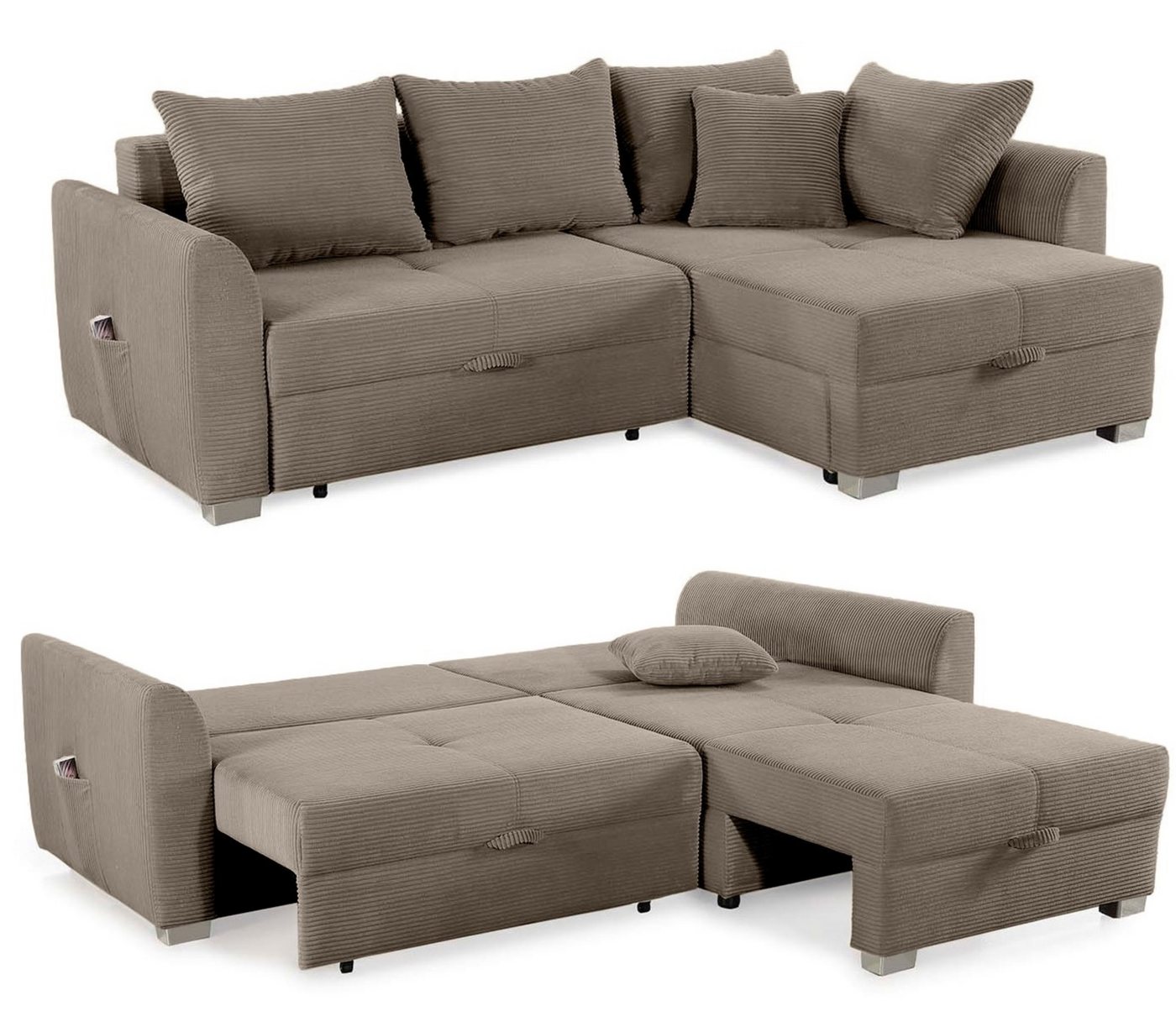 luma-home Ecksofa 15208, mit Bettkasten 236x160 cm, Bettfunktion, Ottomane links oder rechts, Cord, Braun Taupe von luma-home