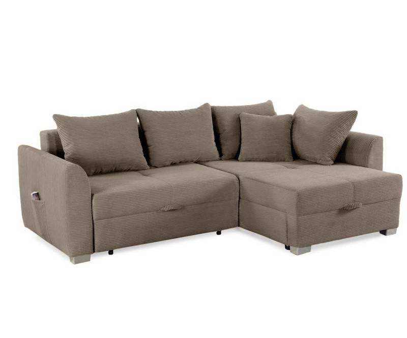 luma-home Ecksofa 15208, mit Bettkasten B236/T160/H81 cm, Liegefläche 142x202 cm, Bettfunktion, Ottomane links oder rechts, Cord Braun Taupe von luma-home