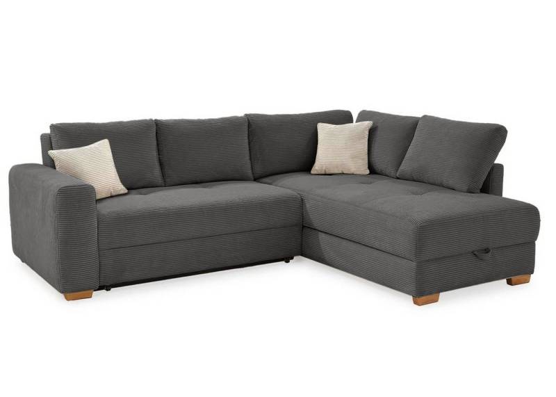luma-home Ecksofa 15211, Dauerschläfer 257x206 cm mit Bettkasten und separatem Topper, Boxspringpolsterung, Ottomane links oder rechts, Cord Grau Anthrazit von luma-home
