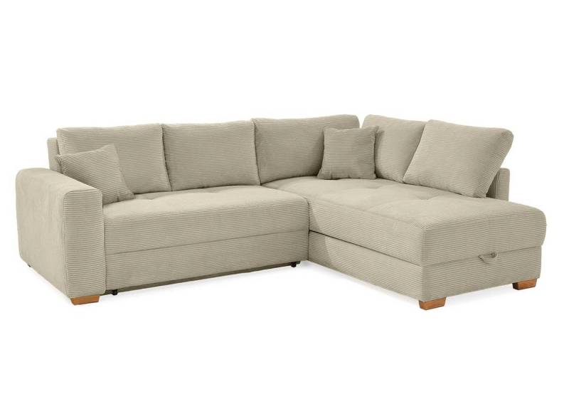 luma-home Ecksofa 15212, Dauerschläfer 257x206 cm mit Bettkasten und separatem Topper, Boxspringpolsterung, Ottomane links oder rechts, Cord Beige Grau von luma-home