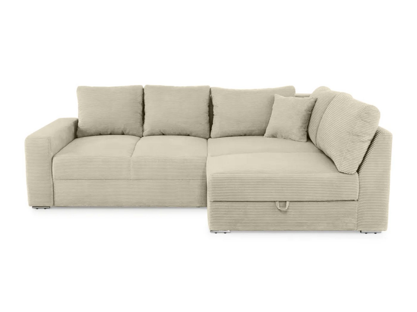 luma-home Ecksofa 15235, Dauerschläfer B260/T181/H88 cm mit 2 Bettkästen, Ottomane links oder rechts montierbar, Federkern, Boxspring, Kaltschaum-Topper, Bezug Cord in Beige Grau von luma-home