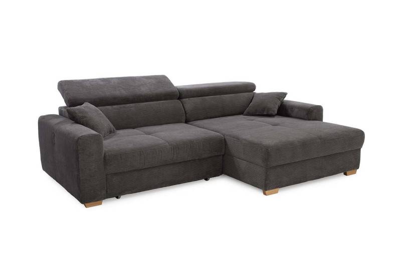 luma-home Ecksofa 15402, mit elektrischer Sitztiefenverstellung und höhenverstellbaren Kopfstützen B277/H187/T109 cm, USB-A u.USB-C Ladeport, seitenverkehrt montierbar, Cord Grau Anthrazit von luma-home