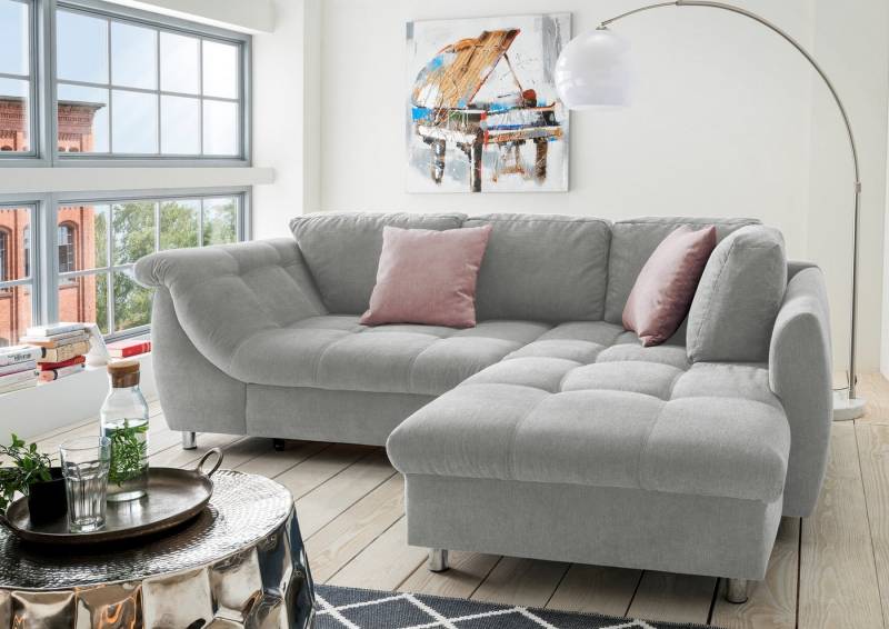 luma-home Ecksofa 17003, mit Ottomane rechts B250/T190/H84 cm, Liegefläche 179x190 cm, Bettfunktion, Wellenunterfederung, Mikrofaser Grau von luma-home