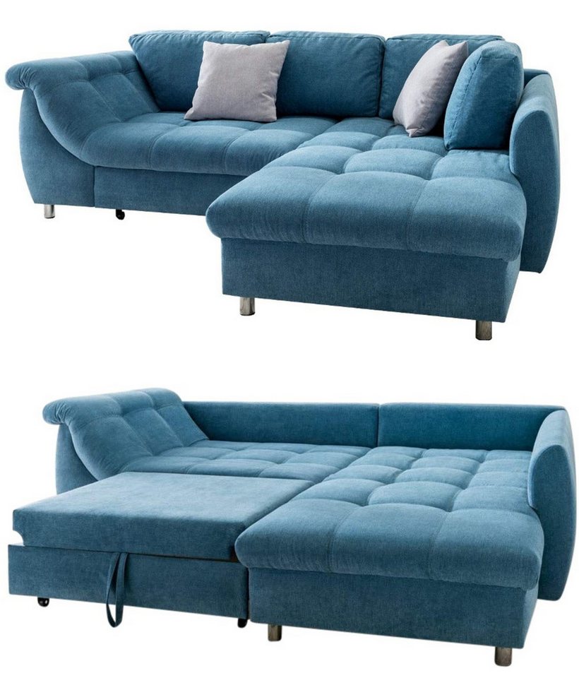 luma-home Ecksofa 17101, mit Bettkasten 250x190 cm, Ottomane rechts, Bettfunktion, Wellenunterfederung, Mikrofaser, Blau von luma-home