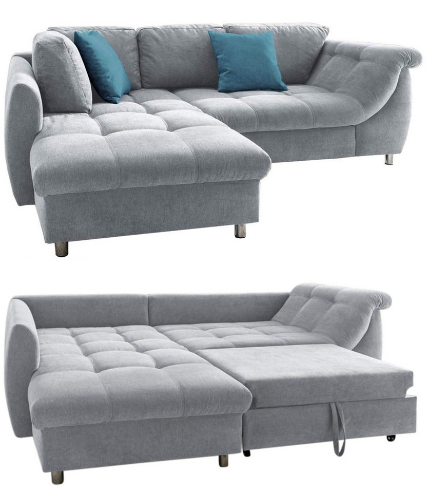 luma-home Ecksofa 17104, mit Bettkasten 250x190 cm, Ottomane links, Bettfunktion, Wellenunterfederung, Mikrofaser, Grau von luma-home