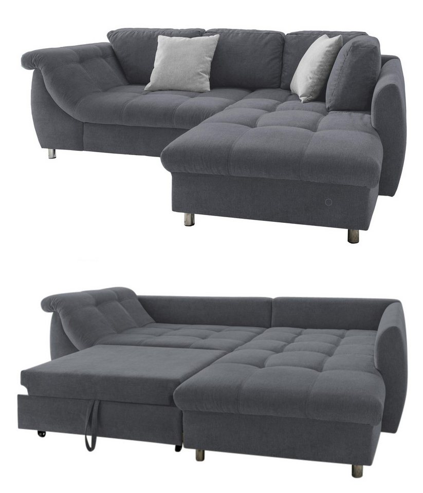 luma-home Ecksofa 17105, mit Bettkasten 250x190 cm, Ottomane rechts, Bettfunktion, Wellenunterfederung, Mikrofaser, Grau Anthrazit von luma-home