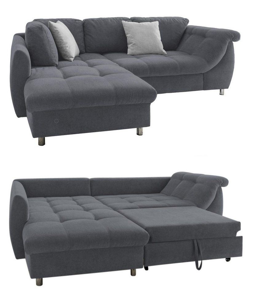 luma-home Ecksofa 17106, mit Bettkasten 250x190 cm, Ottomane links, Bettfunktion, Wellenunterfederung, Mikrofaser, Grau Anthrazit von luma-home