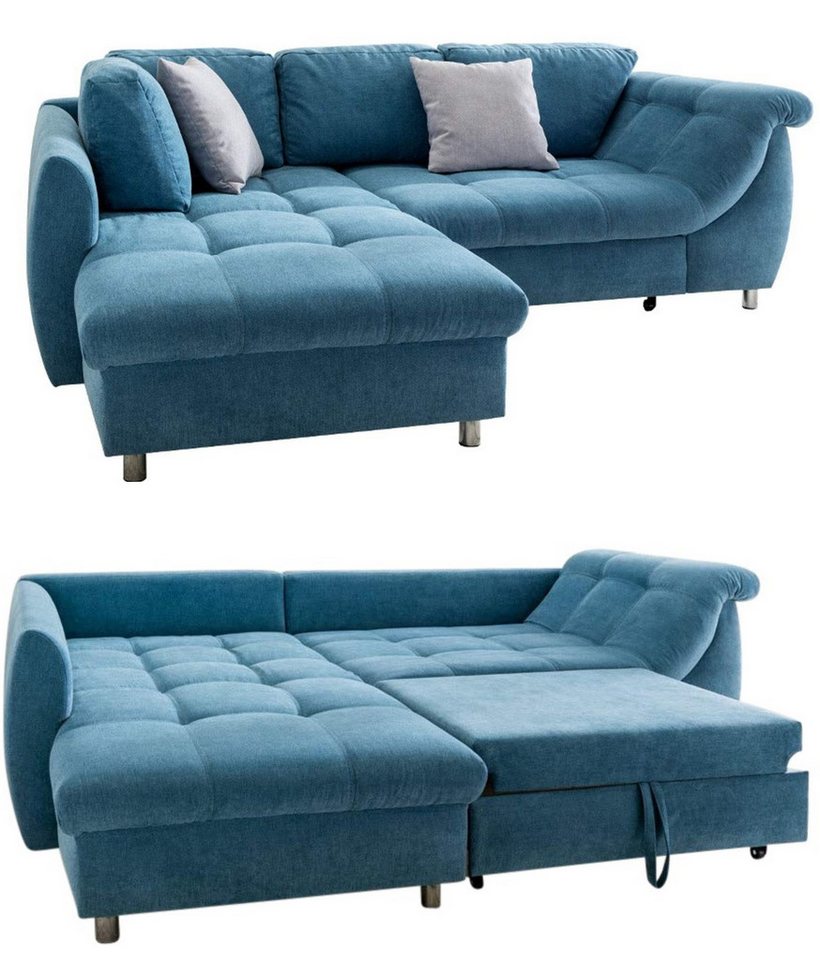 luma-home Ecksofa 17108, 250x190 cm, Ottomane links, Bettfunktion, Wellenunterfederung, Mikrofaser, Blau von luma-home