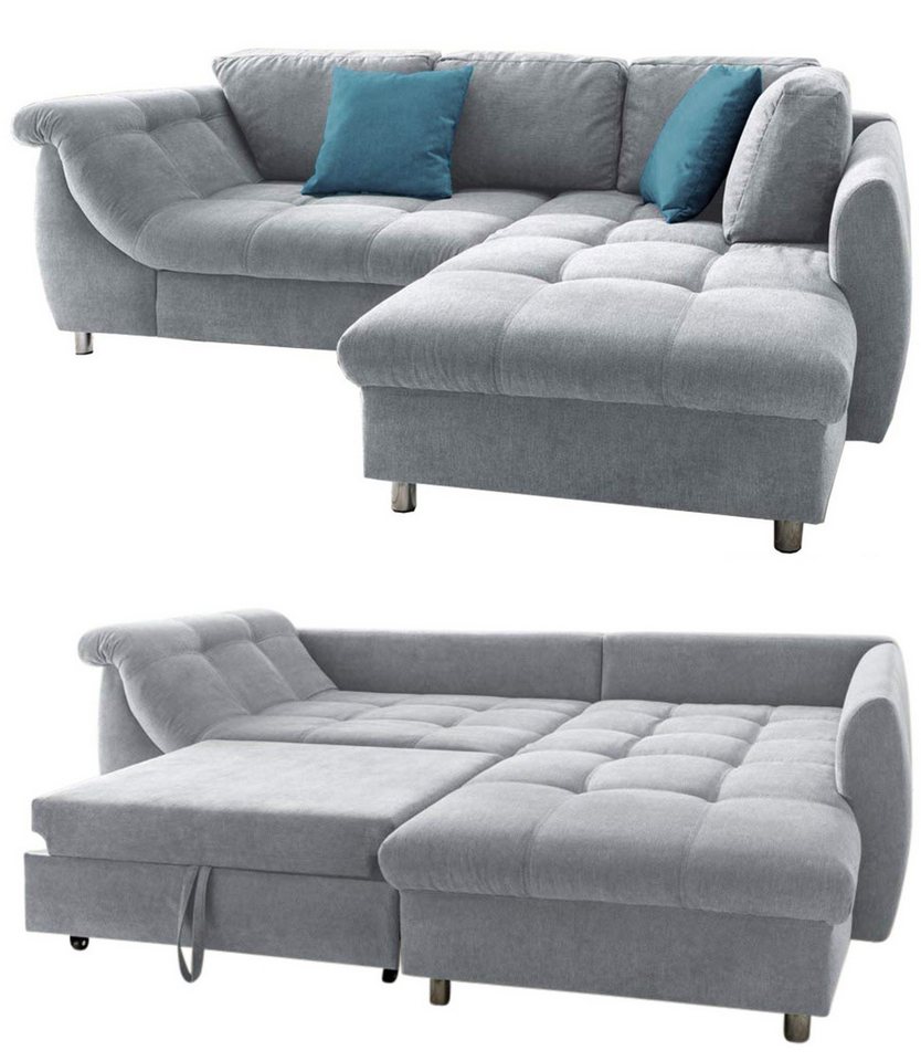 luma-home Ecksofa 17109, 250x190 cm, Ottomane rechts, Bettfunktion, Wellenunterfederung, Mikrofaser, Grau von luma-home