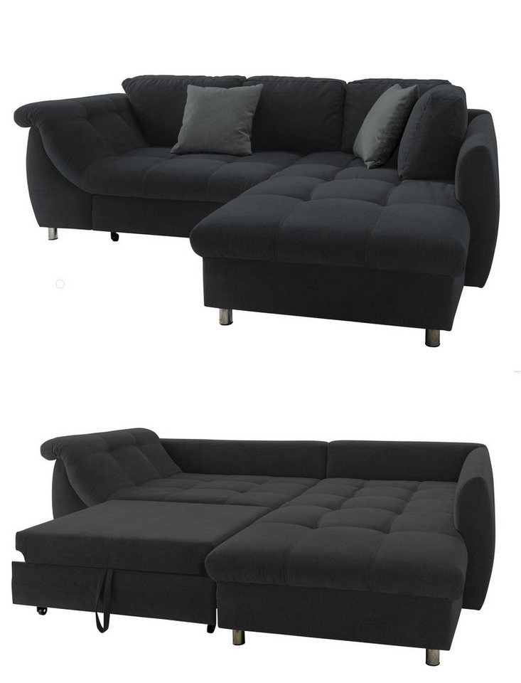 luma-home Ecksofa 17113, mit Bettkasten 250x190 cm, Ottomane rechts, Bettfunktion, Wellenunterfederung, Mikrofaser, Grau Anthrazit von luma-home