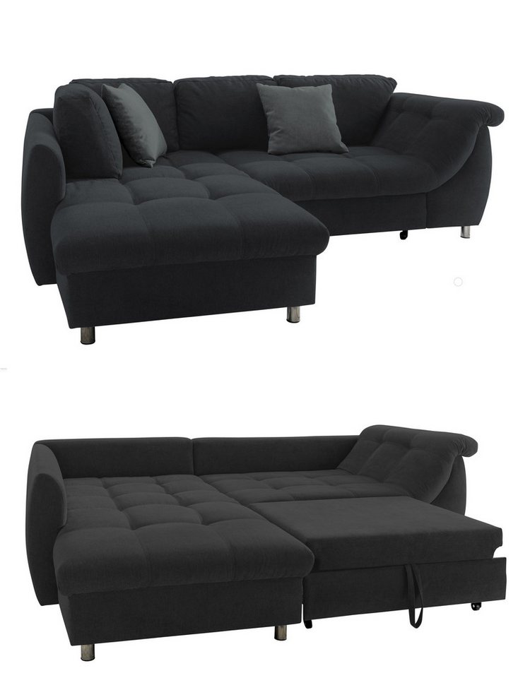 luma-home Ecksofa 17114, mit Bettkasten 250x190 cm, Ottomane links, Bettfunktion, Wellenunterfederung, Mikrofaser, Grau Anthrazit von luma-home