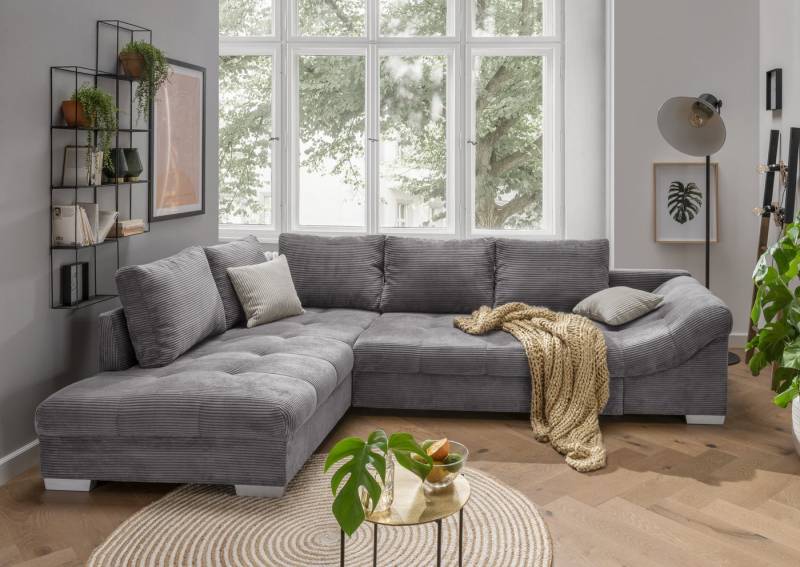 luma-home Ecksofa 17202-OTTO, mit Bettfunktion B298/T202/H84 cm, Liegefläche 154x227 cm, Wellenunterfederung, Ottomane links, Bezug Cord Grau von luma-home