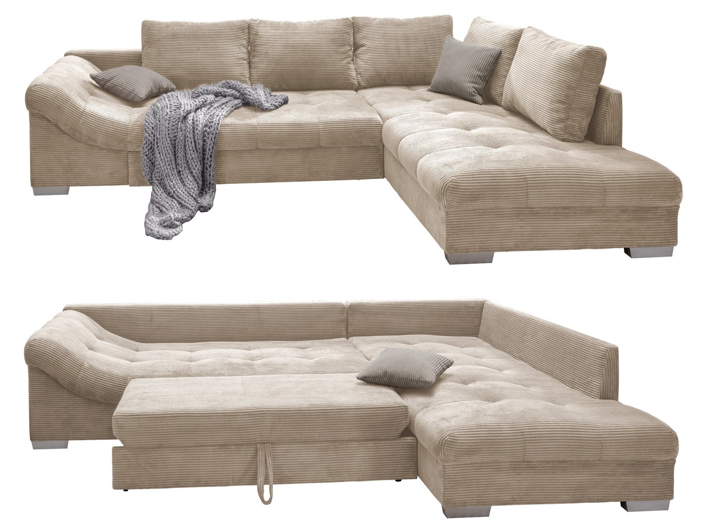 luma-home Ecksofa 17203, Bettfunktion, Wellenunterfederung, 298x202 cm, Ottomane rechts, Cord, Beige von luma-home