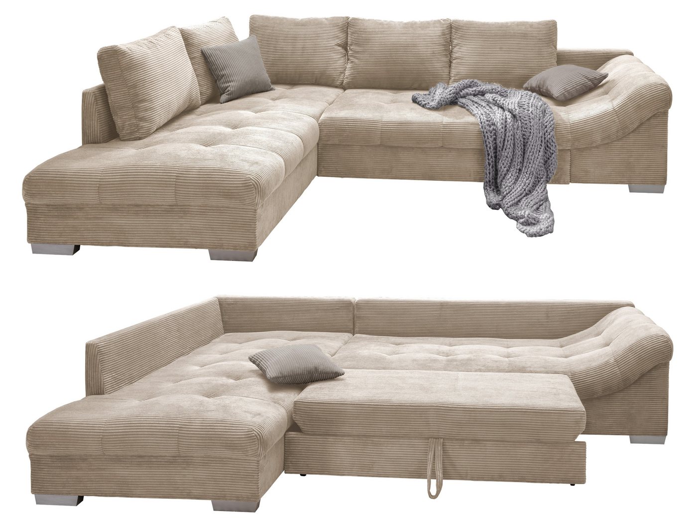 luma-home Ecksofa 17204, Bettfunktion, Wellenunterfederung, 298x202 cm, Ottomane links, Cord, Beige von luma-home